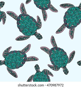Vector seamless colorful turtle pattern with hand drawn zentangle turtle illustrations
