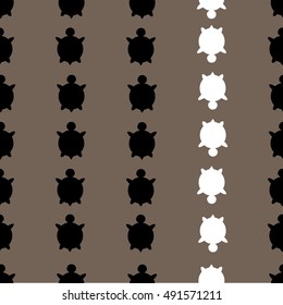 Vector seamless colorful turtle pattern with lines of turtles in black and white in brown background.