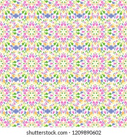 Vector seamless colorful vintage symmetric pattern. Abstract floral wallpaper. Colorful kaleidoscope pattern in white, pink, blue and orange colors. Texture for fabric, textile and surface design.