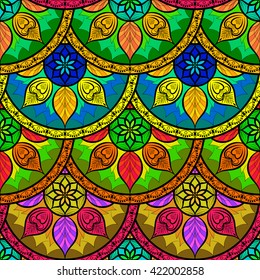 Vector Seamless Colour Floral Mandala Pattern. Seamless pattern for your designs, invitation card, yoga, meditation, astrology and other wrapped projects. Pattern in swatches panel.