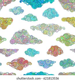 Vector seamless colourful overcast pattern. Various ornate clouds on white background. Doodles boundless weather background. Hand-drawn swirls, spirals and curls.