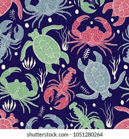 Vector Seamless Colourful Pattern with Turtles, Crabs and Lobsters . Retro vintage style.