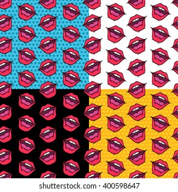 Vector seamless comic pattern of woman lips in pop art style. Four color variants.