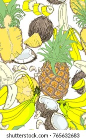 Vector seamless  composition with banana,Pineapple, cashew nuts, coconut. Perfect for wallpapers, web page backgrounds, surface textures, textile.