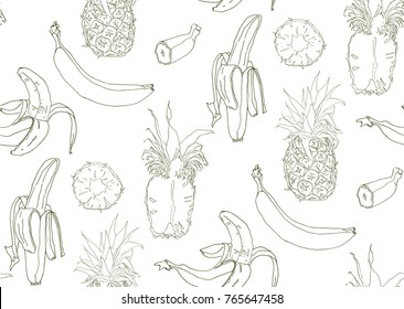 Vector seamless  composition with banana,Pineapple.Sketched abstract vector food illustration. Perfect for wallpapers, web page backgrounds, surface textures, textile.