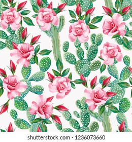 Vector seamless composition cactus and flowers roses cool pattern wallpaper floral white background