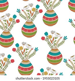 Composición vectorial sin fisuras con flores en una olla. Papel de fondo de verano sin mar