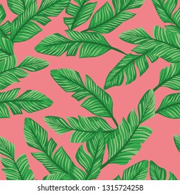 Vector seamless composition green banana leaves on the living coral background. Pattern graphic design