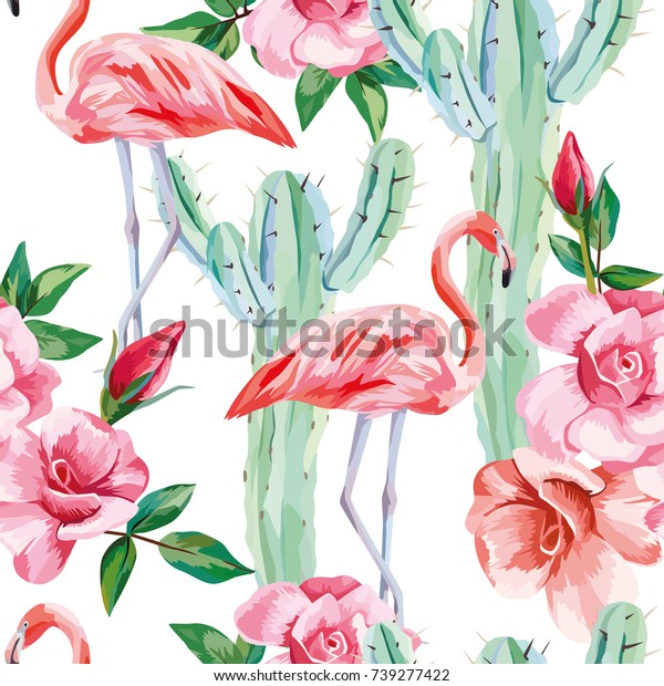 Vector seamless composition pink flamingo cactus roses cool wallpaper floral background