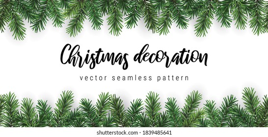 Vector seamless coniferous branch christmas horizontal pattern or frame isolated on white background