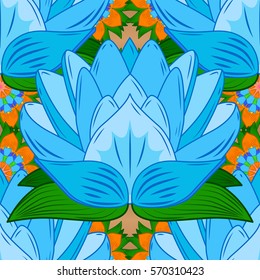 Vector Seamless continuous wallpaper tile. Lotus flower design created in blue tones.