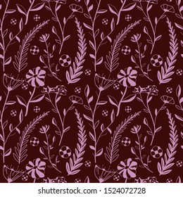 Vector Seamless Contour Floral Pattern. Hand Drawn Monochrome Floral Texture, Decorative Leaves, Coloring Book