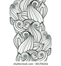 Vector Seamless Contour Floral Pattern. Hand Drawn Monochrome Floral Texture, Decorative Leaves, Coloring Book