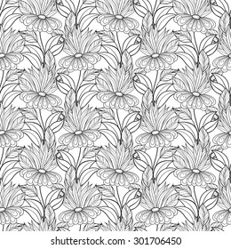 Vector Seamless Contour Floral Pattern. Hand Drawn Monochrome Floral Texture, Decorative Leaves, Coloring Book