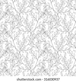 Vector Seamless Contour Floral Pattern. Hand Drawn Monochrome Floral Texture, Decorative Leaves, Coloring Book