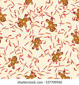 Vector seamless cookies gingerbread men and candy cane
