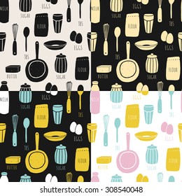 Vector seamless cooking pattern in 4 color choices. Set of doodle backgrounds for kitchen and cafe, Pattern is cropped with clipping mask so you can release it and easily edit