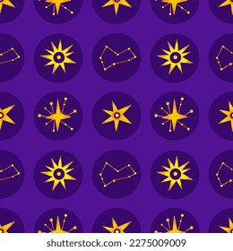 Vector seamless cosmic pattern of constellations and stars in circles on dark purple background. Repeating celestial design. Abstract space. Astronomy, astrology, esotericism. Wrapping papper, textile