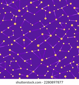 Patrón cósmico vectorial sin fisuras de constelaciones amarillas sobre fondo morado oscuro. Diseño celeste repetitivo. Espacio abstracto. Astronomía, astrología, esoterismo. Papel de escritorio, papel de embalaje, textiles