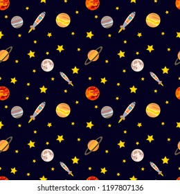Vector Seamless Cosmos Pattern. Colorful Background, Deep Dark Background with Bright Stars and Planets.