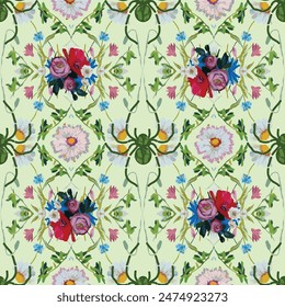 Vector, seamless cottagecore summer pattern of wild flower spider meadow. Daisies, roses, bells, cornflowers on a warm light green background.