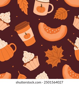 Vector seamless cozy autumn pattern with pumpkins and drinks and dessert