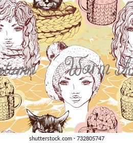 Vector seamless cozy background with yang girls in knitting scarf and hat, slipping cat, cup of coffee with marshmallows. Ink drawn illustration for print, textile, wrapping and other fashion design. 