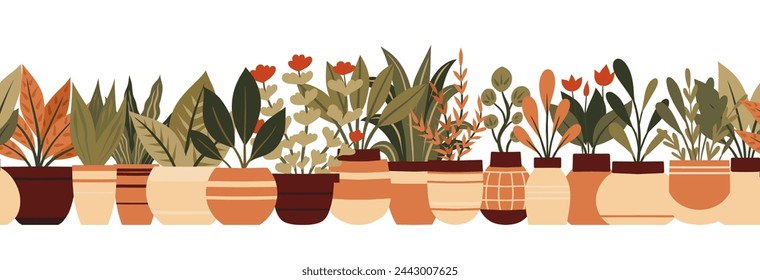 Vector seamless cozy border with house plants in various pots isolated from background. Horizontal frieze with flat illustration of plants in beige colors for frames. Greenhouse and flower shop.