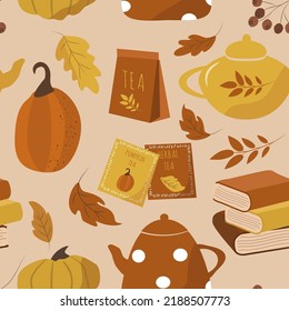 vector seamless cozy pattern with teapots, books, pumkins and autumn leaves