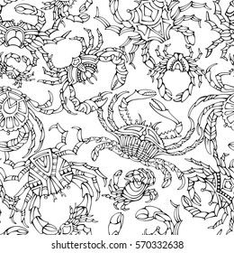 Vector seamless crabs pattern. Various hand-drawn doodles crabs on white background. Black and white boundless background for your design.