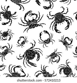 Vector seamless crabs pattern. Various black crab silhouettes on white background. Duotone boundless background for your design.