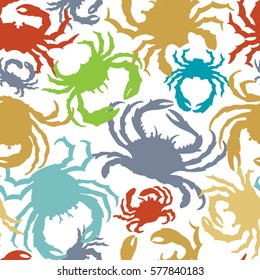 Vector seamless crabs pattern. Various colourful crab silhouettes on white background. Boundless background for your design.