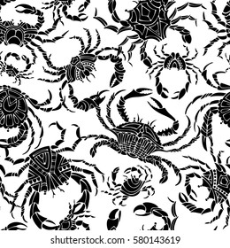 Vector seamless crabs pattern. Various black silhouettes of crab on white background. Boundless background for your design.