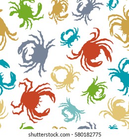 Vector seamless crabs pattern. Various colourful crab silhouettes on white background. Boundless background for your design.