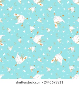 Vector seamless crazy white goose or duck with bow  and hand drawn doodle stars pattern.