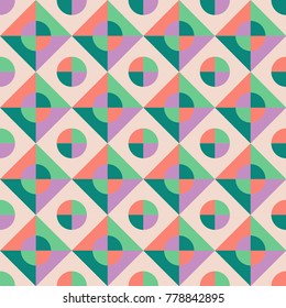 
Vector seamless creative abstract pattern with geometric ornament in memphis style. Pastel colors. Modern background can used for poster, business card,  mockup, education, presentation, cover.