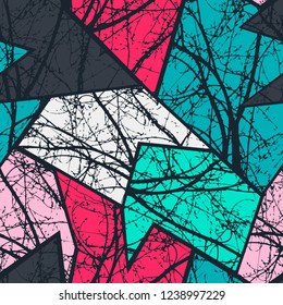 Vector seamless creative pattern with abstract geometric shapes and chaotic webs.