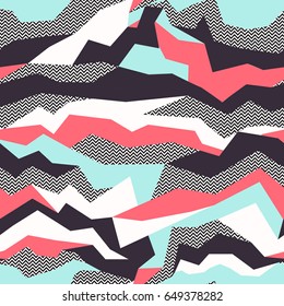 Vector seamless creative pattern with abstract abstract geometric shapes in memphis style. Pastel colors. Background for printing brochure, poster, party, summer print, textile design, card.