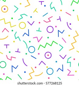 Vector seamless creative pattern with geometric shapes in memphis style. Bright colors. Background for printing brochure, poster, party, summer print,  textile design, card.  