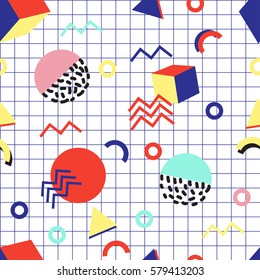 Vector seamless creative pattern with geometric shapes in memphis style. Can used for printing brochure, poster, party, summer print,  textile design, card.  