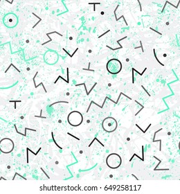 Vector seamless creative pattern with geometric shapes and brush strokes in memphis style. Pastel colors. Background for printing brochure, poster, party, summer print, textile design, card.