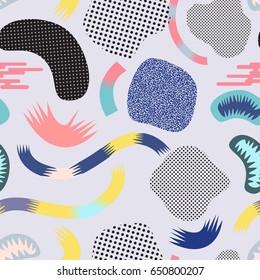 Vector seamless creative pattern with geometric shapes in modern abstract style. Neon colors. Background for printing brochure, poster, party, summer print, textile design, card.