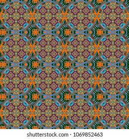 Vector seamless creative pattern with hand draw geometric composition in modern abstract style in blue, orange and black colors. Background for printing brochure, poster, textile design, fabric, card.