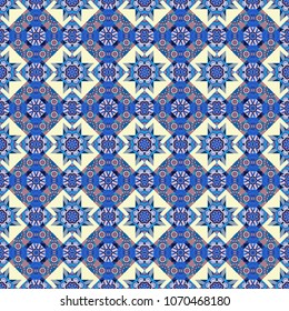 Vector seamless creative pattern with hand draw geometric composition in modern abstract style in blue, beige and pink colors. Background for printing brochure, poster, textile design, fabric, card.