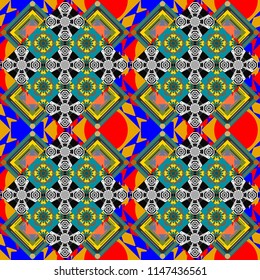 Vector seamless creative pattern with hand draw geometric composition in modern abstract style in yellow, black and blue colors. Background for printing brochure, poster, textile design, fabric, card.