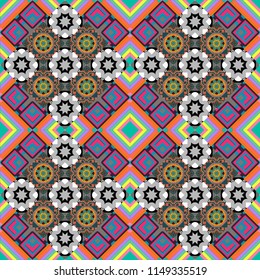 Vector seamless creative pattern with hand draw geometric composition in modern abstract style in orange, green and gray colors. Background for printing brochure, poster, textile design, fabric, card.