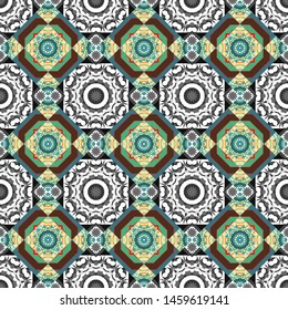 Vector seamless creative pattern with hand draw geometric composition in modern abstract style in gray, blue and brown colors. Background for printing brochure, poster, textile design, fabric, card.