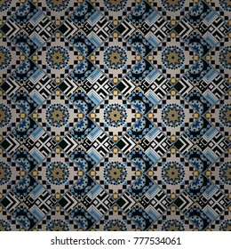 Vector seamless creative pattern with hand draw geometric composition in modern abstract style in blue, black and purple colors. Background for printing brochure, poster, textile design, fabric, card.