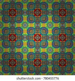 Vector seamless creative pattern with hand draw geometric composition in modern abstract style in green, yellow and blue colors. Background for printing brochure, poster, textile design, fabric, card.