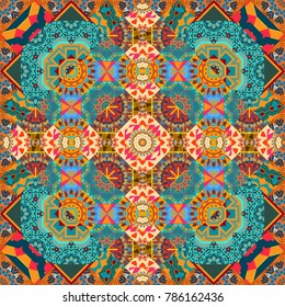 Vector seamless creative pattern with hand draw geometric composition in modern abstract style in yellow, blue and orange colors. Background for printing brochure, poster, textile design, fabric, card